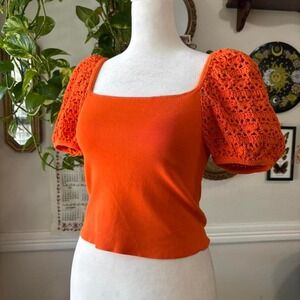 Alice + Olivia Women's Size Small Caley Crochet‎ Puff Sleeve Orange Cropped Top
